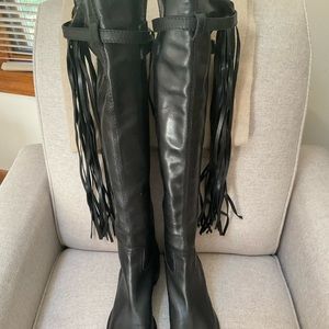 Gucci Devendra Black Leather Over the knee fringe boots, Size 6